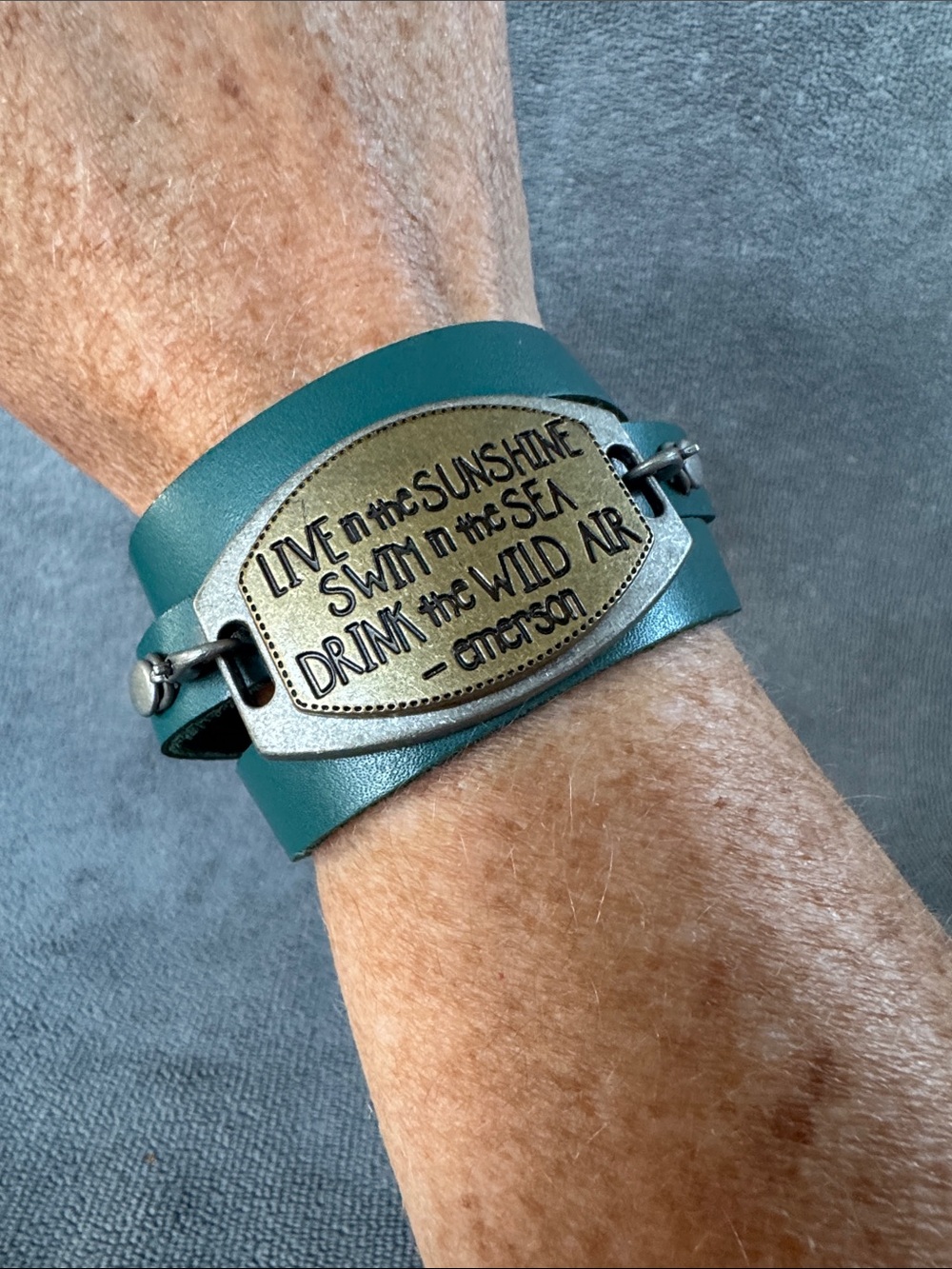 Teal Leather Wrap Bracelet with Inspirational Plate - Emerson Quote